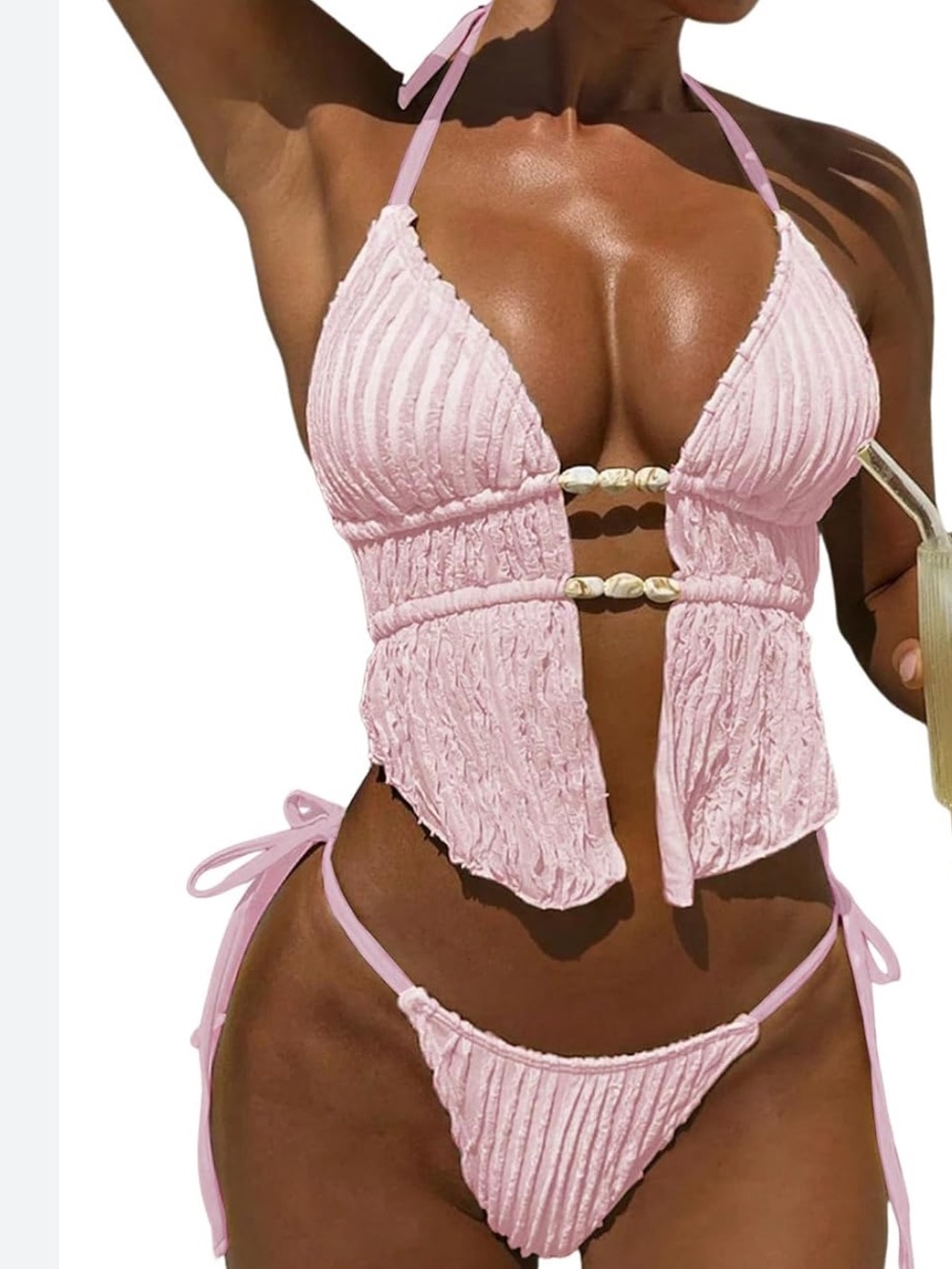 SHEIN Pink Crinkle Bikini Set 1XL NWT Halter Tie Side Beaded